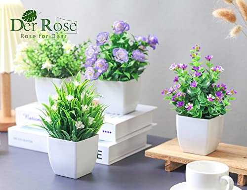 Der Rose 4 Pack Small Fake Plants Mini Artificial Faux Plants Indoor with Flowers Spring Decorations for Home Room Farmhouse Desk House Bathroom Decor - color: White
