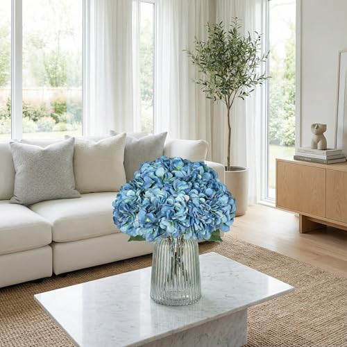 2Bouquets Artificial Fake Flowers Silk Hydrangea Arrangements Wedding Bouquets Decorations Plastic Floral Home Kitchen Garden Party Festival Bar DIY(Dark Blue) - color: Dark Blue, 5 Flower Heads
