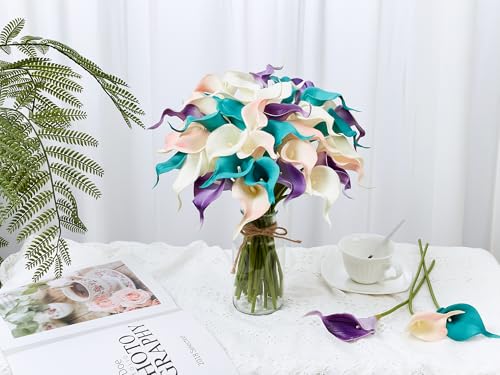 24 Pcs Artificial Calla Lily Flowers Colorful Fake Silk Flowers Real Touch for Wedding Bouquet Office Home Kitchen Decor - color: White-pink-teal-purple