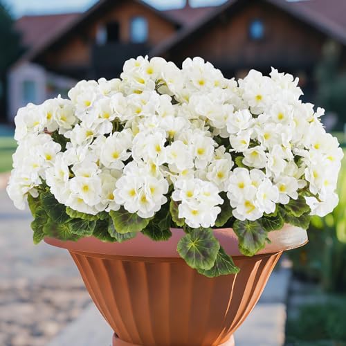 BonBloom's 12 Pack Geranium Artificial Flowers for Outdoors, Silk White Flower, UV Resistant Realistic Faux Plants for Windows Box Front Door Garden Porch Planter Patio Balcony Yard Indoor Home Decor - color: White, size: 12 pack