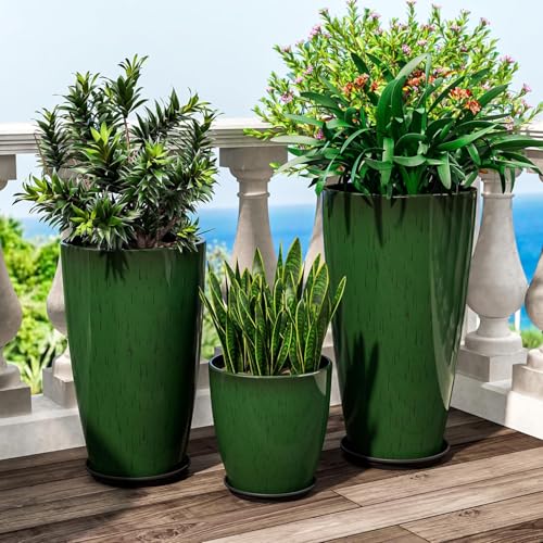 QCQHDU 24,21,11 inch Large Planters with Drainage Hole & Saucer, Set of 3 Plant Pots Tall Planter for Indoor & Outdoor Plants Home Modern Decor - color: Green, size: 24,21,11 inch