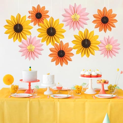 PAPER JAZZ Sunflower Party Decorations: 9 Sunflower Paper Fans & Flower Garlands, Summer Orange Pink Sunflowers, Wedding & Baby Shower Decor - color: Sunflowers