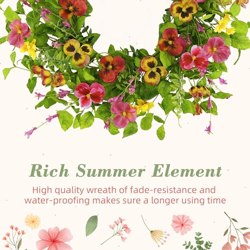 YNYLCHMX 20" Spring Summer Wreaths for Front Door, Artificial Floral Wreath with Ivy Leaves Daisies Pansies Rose Leaves, Green Foliage Wreath for Wall Window Farmhouse Party Holiday Home Decor - color: Daisy&pansy