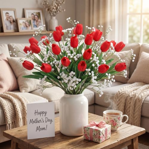 Hotop 30pcs 24 Inch Tulips Artificial Flowers Mother's Day Fake Tulip Fake Baby's Breath Flower Artificial Flower Decorations Bouquet for Home, Wedding, DIY Gift Party(Red, White) - color: Red,white