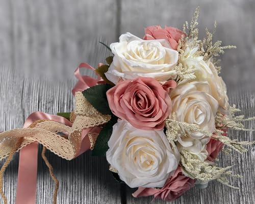 LEIFENY Wedding Bouquets for Bride, Champagne White & Pink Bridal Bridesmaid Wedding Flowers, Artificial Toss Rose for Civil Ceremony (Jute Rope Handle) - color: Champagne White & Pink