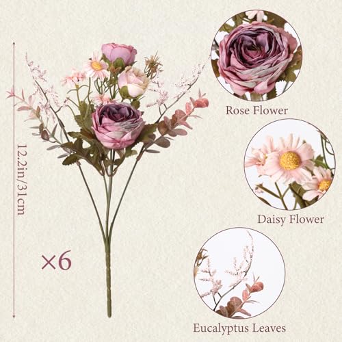 Artificial Roses Flowers 6 Pack Vintage Roses Pink Flowers Small Silk Rose Bouquet with Daisy Flowers Faux Floral Arrangements for Vase Centerpiece Table Wedding Party Bridal Decor - color: Pink, size: 6PCS