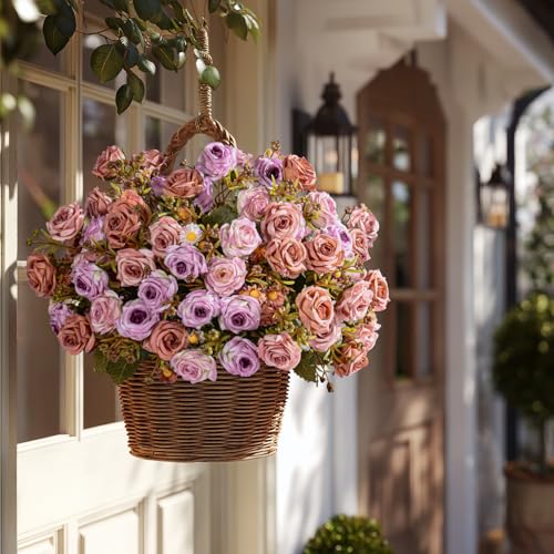 Artificial Rose Flowers for Outdoor 4 Bundles Rose Bouquet with Daisy Faux Flowers UV Resistant for Home Indoor Outside Garden Porch Window Box Balcony Yard Porch Fall Decor (Purple+Brown) - color: Purple+brown