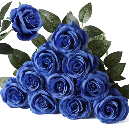 Nubry Artificial Silk Rose Flower Bouquet Lifelike Fake Rose for Wedding Home Party Decoration Event Gift 10pcs (Blue) - color: Blue