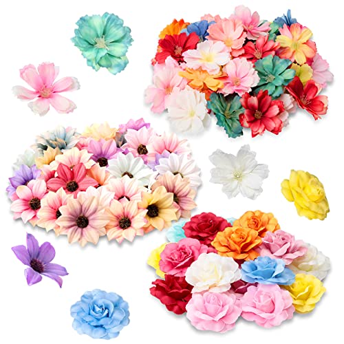 Hoteam 100 Pcs Assorted Flower Heads Decorative Artificial Fake Heads Small Faux Floral Crafts DIY Mini Daisy Rose Plum for Wedding Cake Mother's Day Party Wreath Home Spring (Bright) - color: Bright