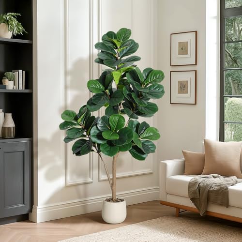 5 ft Fiddle Leaf Fig Tree Artificial with 77 Leaves - Realistic Faux Ficus Lyrata Trees in 7.8 in White Planter Pot, Indoor Fake Floor Plants for Home Office Living Room Decor, Housewarming Gift - color: With White Planter, size: 5ft