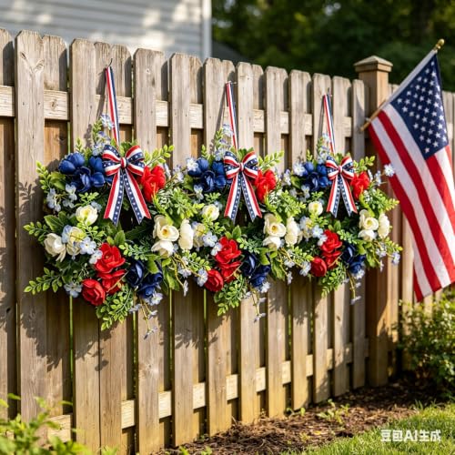 6 Pcs Small 4th of July Hanging Wreaths for Cabinets with Red Blue Artificial Mini Independence Day Pillar Candle Ring Wreath for Patriotic Independence Day Memorial Day Porch Front Door - color: Patriotic