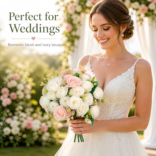 4 Bundles Peony Artificial Flowers, White Peonies with Stems for Home Wedding Party DIY Decor