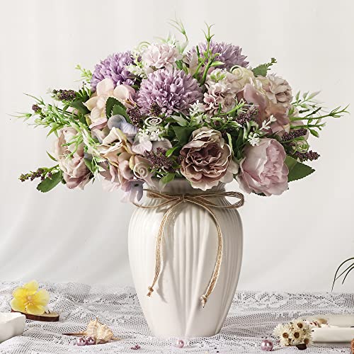 Peonies Artificial Flowers in Vase, Fake Hydrangea Silk Peony Flower Bouquet with Vase Faux Flowers Arrangement Decor Home Table Dining Room (Purple) - color: Purple