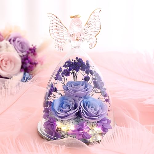 Mothers Day Rose Gifts for Women Preserved Real Flower in Glass Angel Figurines Roses for Delivery Prime Birthday Gifts for Mom Grandma Girlfriend Wife Her, BluePurple - color: Bluepurple