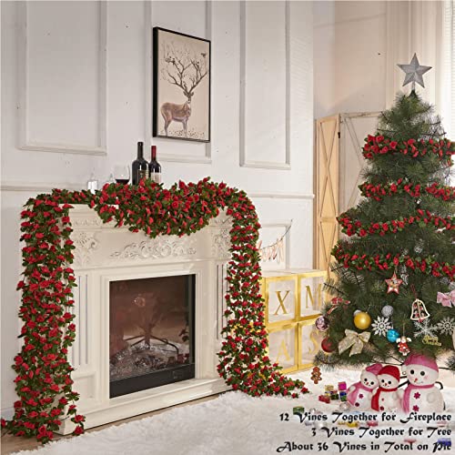 PONKING 8 Pcs x 8.2 ft Flower Garland Artificial Rose Vine Flowers with Green Leaves Hanging Fake Roses Vine for Room Party Home Wedding Birthday Christmas Wall Arch Decor, Spring Red Flower - color: Spring-red-8pcs, size: 8 Vines 66FT