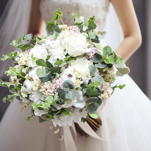 Zerzsy Artificial White Peony Flower Bouquet with Green Leaves Stem, 4pcs Stems Silk Flowers Bouquet Fake Peonies Flower Arrangements Vase Decorating for Centerpiece Table Wedding Party Home - color: White-4, size: 1 Bouquet