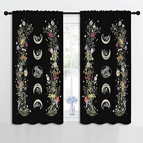 Boho Floral Wildflower Rod Pocket Blackout Curtains for Boy Girl Bedroom,Retro Moon Phase Moonlit Garden Witchy Gothic Aesthetic Thermal Insulated Home Window Drapes for Living Room Darkening,42x45in - color: Boho Floral Wildflower-004, size: 42"W x 45"L