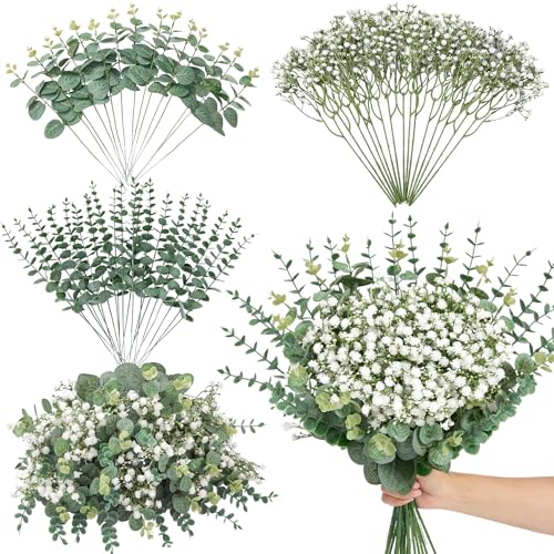 Serwalin 50 Pcs Mixed Artificial Eucalyptus Stems,Babys Breath Artificial Flowers Bulk with Faux Eucalyptus Leaves Greenery Stems for Wedding DIY Bouquets Floral Arrangement Home Decor - size: 50pcs