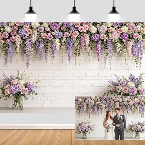 JAWO 5X3ft Floral Brick Wall Backrop Pink Purple Rose Hydrangea Hanging Vine White Brick Wall Photography Backdrop Wedding Bridal Baby Shower Birthday Anniversary Party Decor Photo Booth Prop - color: Purple1, size: 5X3