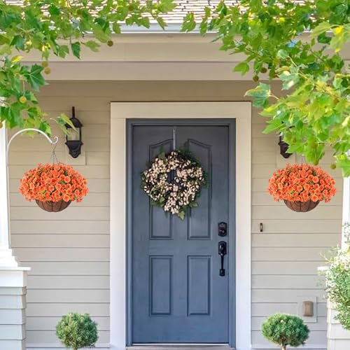 Artificial Faux Hanging Flowers Plants Basket for Outdoors, 12 Bundles UV Resistant Faux Outside Silk Morning Glory for Planter Realistic Artificial Flowers for Outdoor Porch Garden Patio, Orange - color: Orange