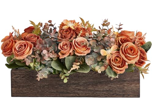 Dahey Centerpiece Table Decorations for Dining Room Farmhouse Living Room Fall Table Centerpieces Decor Wood Tray with 3 Artificial Flowers and 2 Eucalyptus for Kitchen Table, Orange - color: Orange