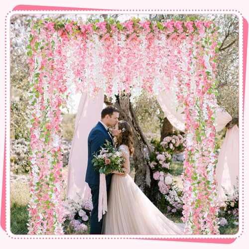 Thiccywoov 4pcs Wisteria Artificial Flowers Garland, 7.2Ft/Piece Wisteria Hanging Flowers Garland for Wedding Arch Decoration Outdoor Ceremony Home Backdrop Garden (Pink,Dark Pink,White) - color: Pink, Dark Pink, White