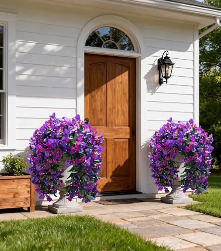 HyeFlora Bougainvillea Artificial Hanging Flowers Plants for Outdoors Decoration, 2pcs Fake Flowers Silk Bougainvillea Vines Realistic UV Resistant Faux Flowers for Outdoor Planters Porch Patio, Mix - color: Purple + Fuchsia