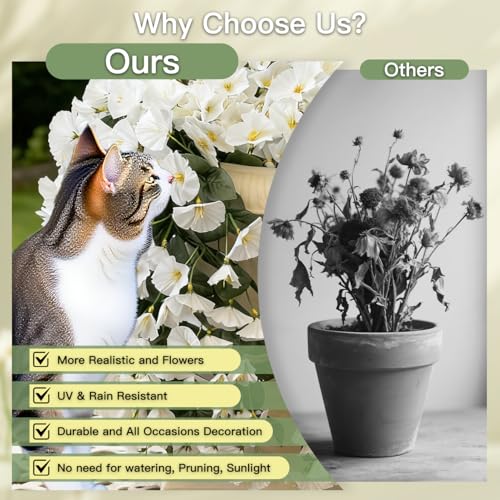 Artificial Flowers for Outdoors Fake White Morning Glory Hanging Flower Decoration, 2Pcs Realistic Faux Plants Petunias Long Trailing Vines,Spring Decor for Porch Patio Balcony Planter Yard - color: Morning Glory - White