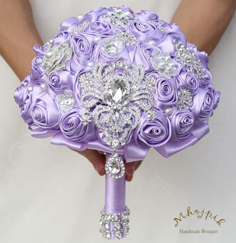 Bridal Wedding Bouquet Round Bling Brooch Bouquet Artificial Rose Flower Bunch for Bride Bridesmaid Wedding Quinceanera(Light Purple, 9.8") - color: Light Purple*, size: Large (Dia. 9.8"/25cm)