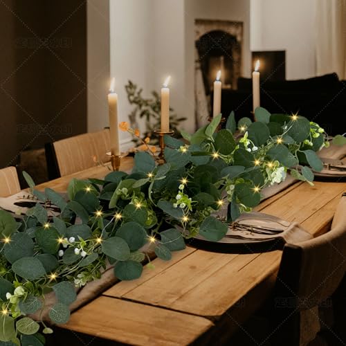 Eucalyptus Garland with Lights, 2 Packs 6FT Green Flower Garland Decor, Artificial Faux Eucalyptus Leaves Greenery Vines for Table Runner Wedding Centerpieces Backdrop Decorations (Warm Color) - color: Warm