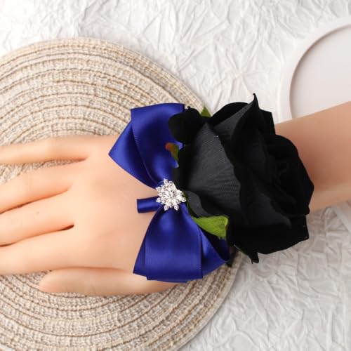 Black Rose Wrist Corsage and Boutonniere Set Rose Corsage Wristlet for Wedding Prom Party Homecoming Decoration Set of 2 (Blue and Black) - color: Blue and Black