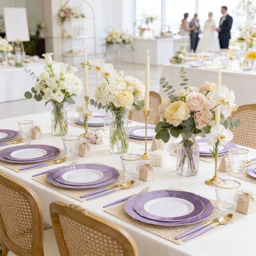 WDF 60pcs Purple Plates Disposable with Gold Rim - Baroque Light Purple Plastic Plates - Lavender Plates for Spring/Wedding/Birthday - color: Purple and White, size: 60PCS