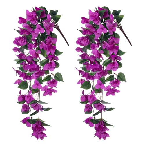 Bougainvillea Artificial Fake Hanging Flowers Plants for Outdoor Spring Decoration, 2PCS UV Resistant Faux Bougainvillea Silk Flowers Realistic Look Real for Planters Outside Porch Patio Yard, White - color: Z-purple, size: 2pcs