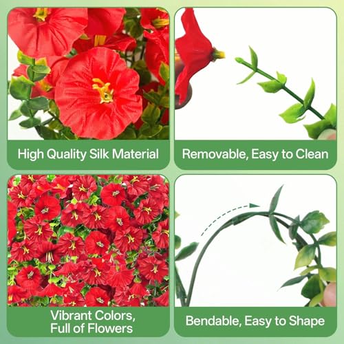 Artificial Hanging Flowers for Outdoors, 6 PCS Silk Morning Glory Artificial Flowers with Eucalyptus Leaves, UV Resistant Fake Flower Realistic Faux Plants for Home Patio Porch Garden Decor, Red - color: Red