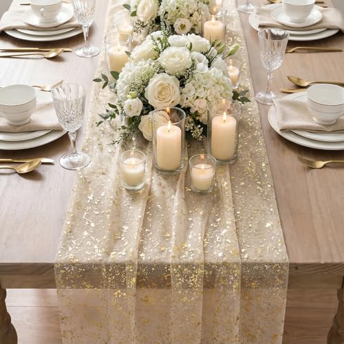 Artoid Mode Gold Gauze Champagne Table Runner 120 Inch 10FT, Glitter Metallic Foil Sheer Dining Wedding Anniversary Holiday Birthday Table Decor for Home Party - color: Champagne, size: 28" x 120"
