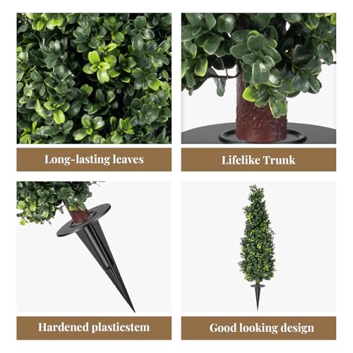 2 Pack Artificial Boxwood Topiary Trees with Ground Spike, 2 FT Faux Boxwood Topiaries Cone Bushes Trees UV Resistant Artificial Shrubs for Indoor Outdoor Front Porch Garden - color: Boxwood-4