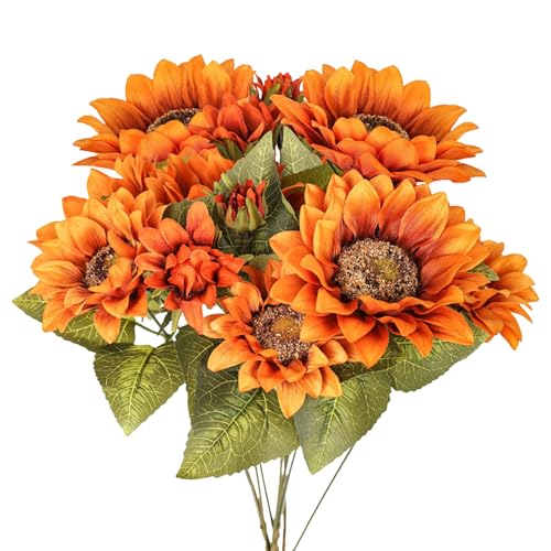 Artificial Sunflower Bouquet, 9 Heads, Silk Fabric with Iron Stems, Vintage Fall Style, Indoor Outdoor Wedding Party Home Garden Decor (Orange) - color: Orange