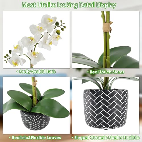 Orchid Artificial Flowers 16" White Fake Orchid Flowers in Black Ceramic Pot for Home Decor Office Bathroom Table Centerpiece Indoor (White#3) - color: White-black Patterned