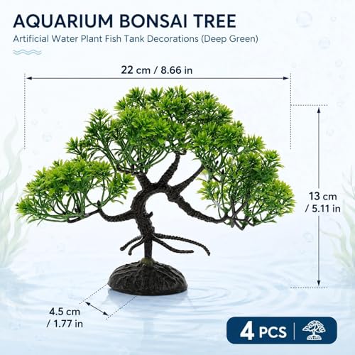 LOGOFUN 4 Pcs Aquarium Bonsai Tree Decorations Deep Green | Artificial Water Plant for Aquariums Fish Tank Gardens Micro Landscapes Decorations