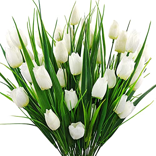 8 Bundles Outdoor Artificial Tulips Fake Flowers UV Resistant Faux Plastic Greenery Shrubs Plants for Home Outside Garden Porch Window Farmhouse Decor (White) - color: White