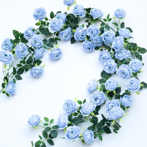 2Pcs 12Ft Bendable Artificial Flower Garland Faux Rose Vine Hanging Floral Garland for Wall Decor Trellis Fence Home Room Garden Wedding Decoration(Blue, 2pcs) - color: Blue, size: 2pcs