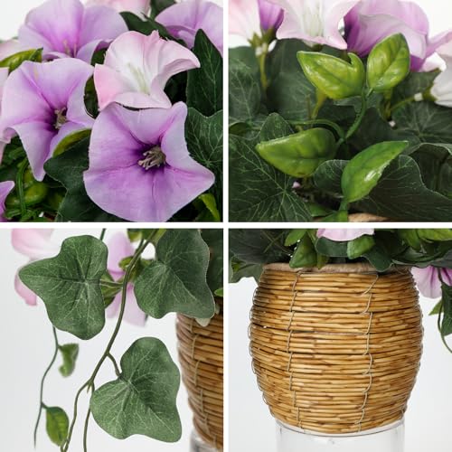 Briful Artificial Flower Arrangements for Tables Fake Potted Morning Glory Silk Flowers with Rattan Basket Faux Floral Centerpiece for Home Office Bedroom Wedding Party Decor(White Purple) - color: White Purple