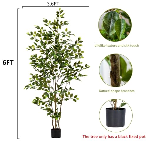 Bailikang Artificial Ficus Tree Indoor 6ft, Large Potted Faux Tree with Realistic Silk Leaves & Trunk for Home Office, Living Room Corner Decor - color: Green, size: 6ft