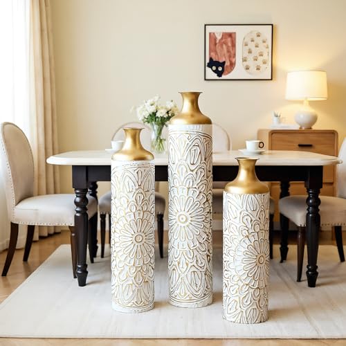 3pcs Extra Large Floor Vases Home Decor:24.4/29.1/33in, Big White Tall Metal Standing Floor Vase Set for Living Room - color: Floor Vases White Flower