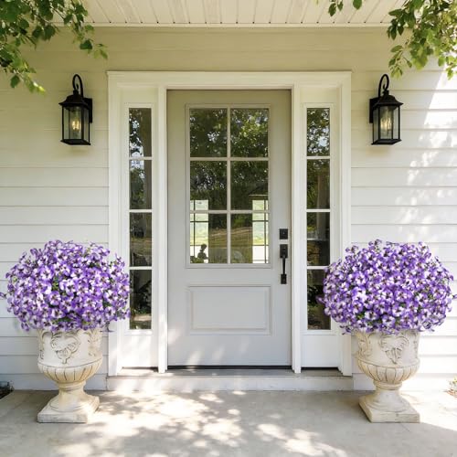Artificial Pansies Flowers for Outdoor Faux Flower Spring Summer Decor, 12 Bundles Realistic Fake Silk Flowers Outside UV Resistant for Porch Patio Garden Home Yard Window Box Planters Purple - color: Purple White
