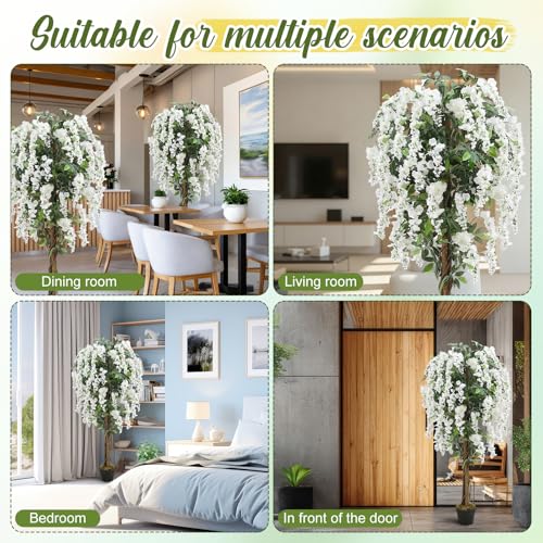 Thiccywoov 1 Pack 5ft Artificial Wisteria Tree Tall Fake Tree with Cement Base Pot Faux Floor Plant Decoration for Indoor Outdoor Home Office Housewarming Gift(White) - color: White