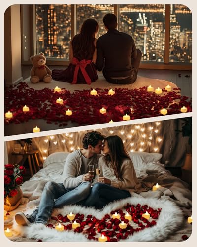 Amagic 2000 Pieces Artificial Rose Petals with 24 Heart LED Tea Lights Candles Kit, Rose Petals and Candles Set for Proposal, Anniversary, Special Romantic Night, Wedding Table Decor, Birthday - color: 24 Pcs White Candles + 2000 Pcs Red-Black Petals