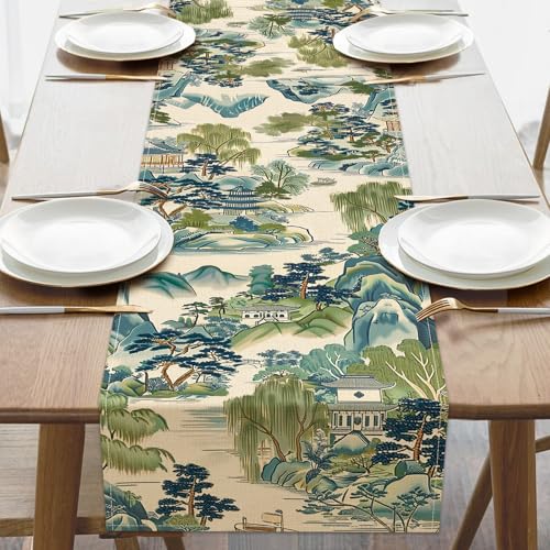 Chinoiserie Vintage Style Mountain Dining Table Runner, Landscape Painting Art Burlap Kitchen Decoration, Retro House Trees Indoor Outdoor Home Decor Party Supply 13x90 Inches - color: Landscape Painting, size: Table Runner 13''X90''