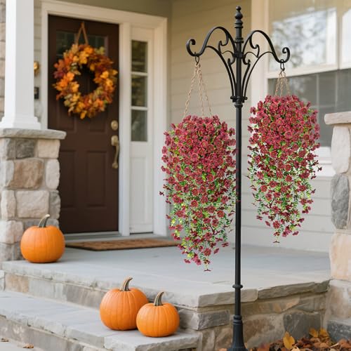 Ammyoo Artificial Mums for Outdoors Fake Hanging Flowers for Decoration, 2 PCS Silk Daisy Flower Realistic Faux Plants UV Resistant for Porch Patio Window Yard Outside Decor(Brown) - color: Brown