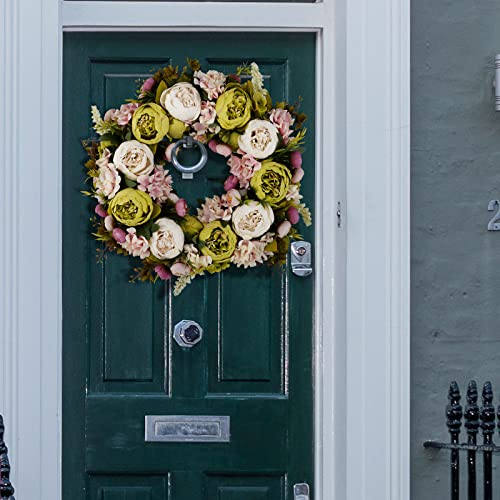 BOMAROLAN Artificial Peony Flower Wreath 19Inch Vintage Blooming Silk Peonies Spring Summer Fall Winter Large Wreaths Flower Green Leaves for Outdoor Front Door Indoor Wedding Wall Or Window Décor - color: White & Green